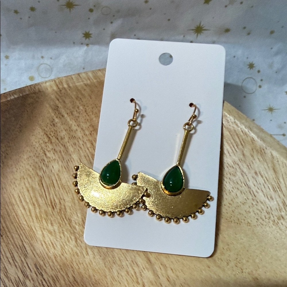 Gold and Green Drop Fan Earrings - Women Jewelry